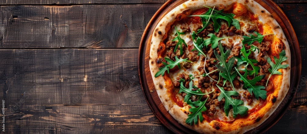 Poster flat lay on a wooden table featuring a delicious pizza topped with meat and arugula, providing copy 