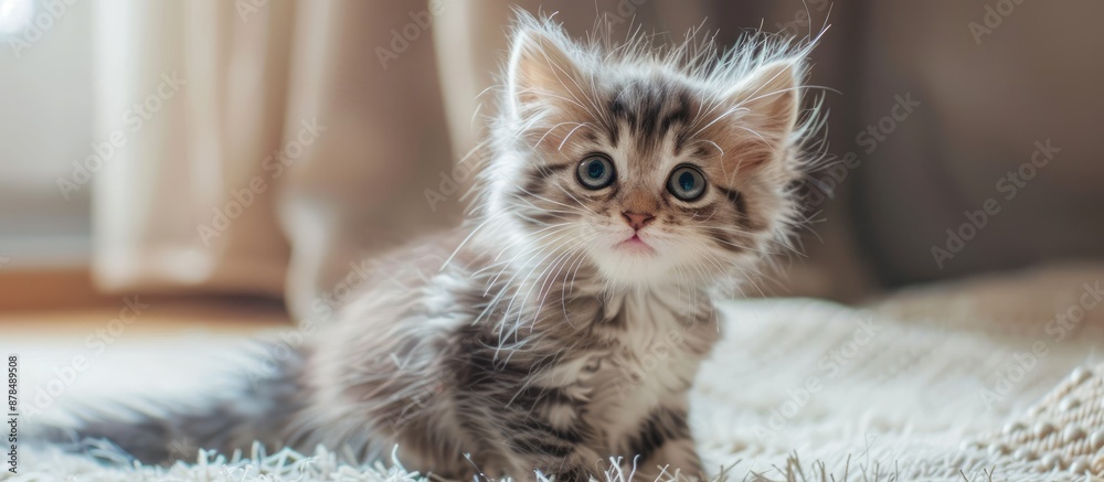 Poster adorable fluffy kitten happily playing in a cozy home with a lovely appearance, providing ample copy