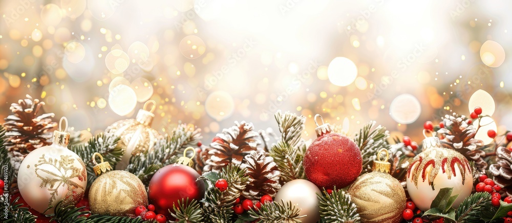 Poster festive christmas display featuring pine twigs, red, white, and gold ornaments and cones against a b