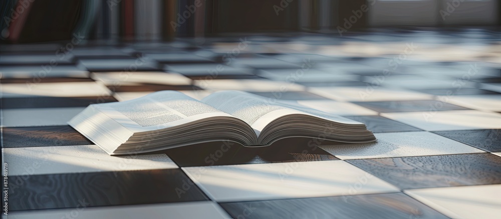 Aufkleber an open workbook on an office desk with a checkered design as a background, leaving ample copy space