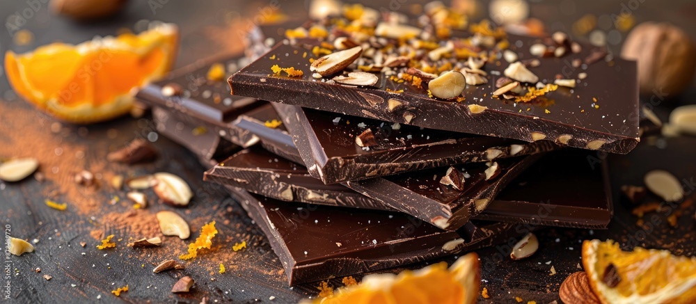 Poster dark chocolate bars with chopped almonds and dried orange wedges, perfect for an elegant, delicious 