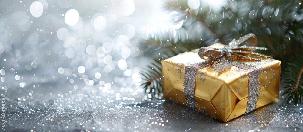 Aufkleber Festive golden gift box with pine branch on shiny silver background. Simple holiday theme with a small gold present box and room for text in the image's empty space. image with copy space