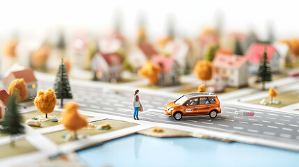 Exploring Urban Road Trips: 3D Flat Icon of Person with Car Rental on City Streets and GPS Overlay for Adventure. Copy Space Included.   Stock Image