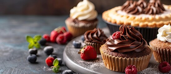 Desserts featuring a pie and cupcakes, with available copy space image.