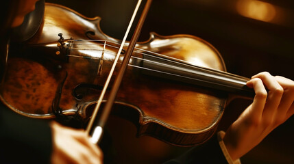 Fototapeta premium Close-up image of hands playing an antique violin with a bow, showcasing fine details and craftsmanship.