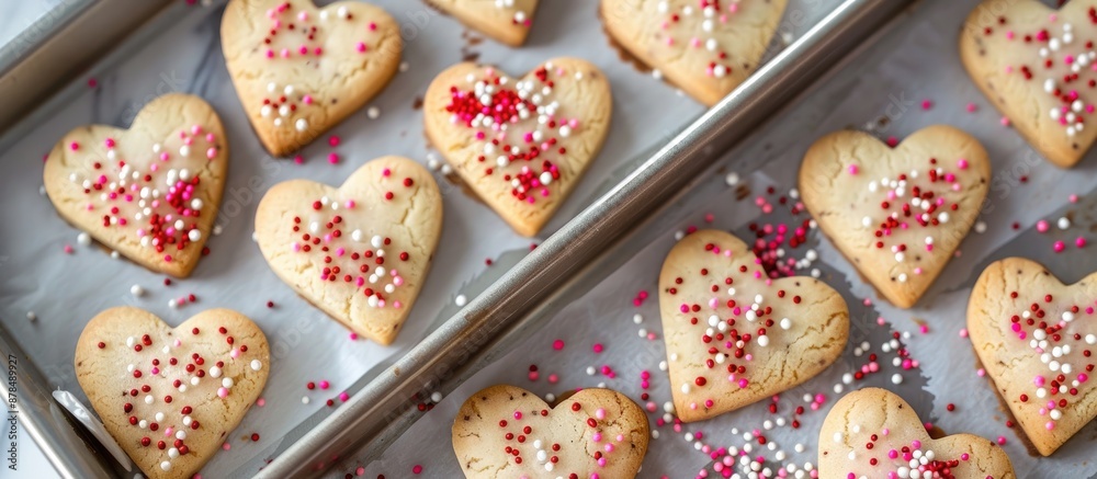 Poster Create heart-shaped Valentine's Day cookies with a step-by-step recipe, using a mold for shaping and sprinkles for decoration in a copy space image.