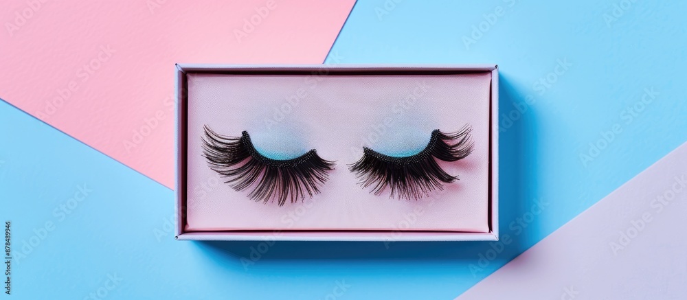 Poster eyelashes in the box are set against a pink and blue background with copy space, emphasizing a beaut