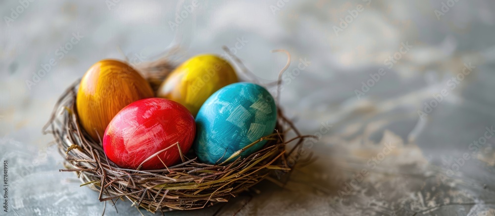 Poster Easter eggs in a small nest set on a light background, with copy space image in view.
