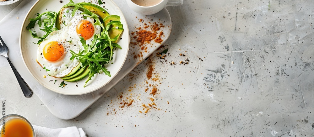 Poster an appetizing vegan breakfast featuring baked avocado with egg and arugula salad on toast displayed 