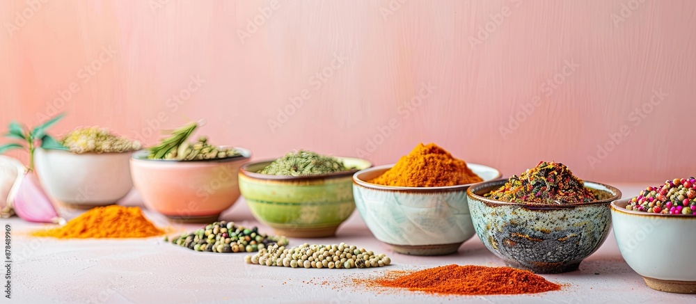 Poster Bowls of assorted spices set against a bright backdrop with ample empty space for additional elements in the image.
