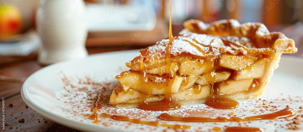Aufkleber Closeup copy space image of a slice of apple pie drizzled with caramel sauce and sprinkled with cinnamon.