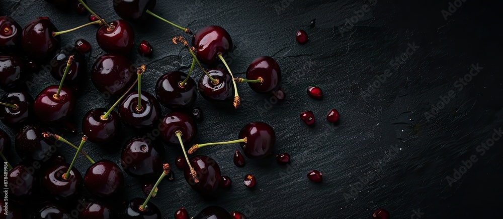 Poster Dark sweet cherries scattered on a dark backdrop with space for text or images. image with copy space