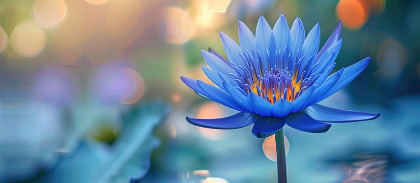 An up-close view of a blue lotus with a nature setting, ideal for use as a background or wallpaper with copy space image.