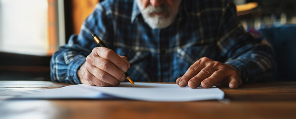Senior man writing with pen on paper at wooden table
