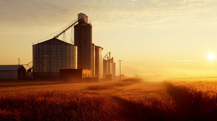 Obraz premium Golden sunrise illuminating a grain silo complex in a misty agricultural field