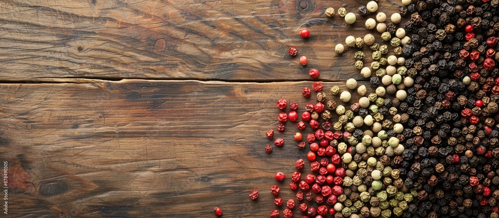 Poster flat lay of various peppercorns on a wooden table with copy space image available.
