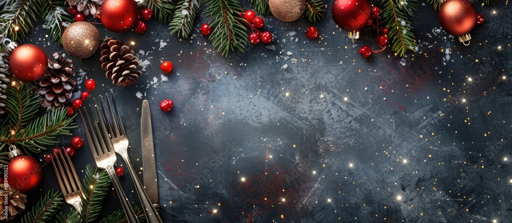 Poster festive christmas table decor with silverware in a flat lay copy space image.