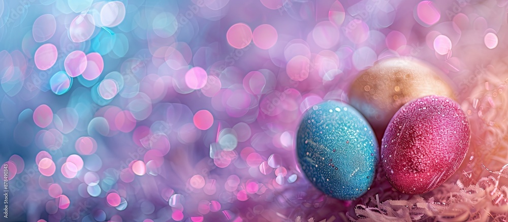 Poster Easter eggs on a Happy Easter greeting card with a soft focus and bokeh effect, captured from a top view to display a copy space image.
