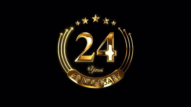 Happy 24th Anniversary Celebration. Golden 24 Years Anniversary Animation in Gold Color on the Transparent Background, Alpha Channel. Great for greetings, celebrations, events, and gifts.
