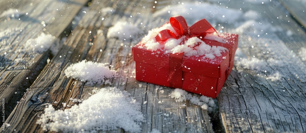 Poster close-up of a festive gift box with a bow on a wooden surface with snow, ideal for a copy space imag