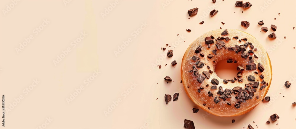 Poster Donut with sugary frosting and chocolate bits on top, against a background with empty space for text or graphics to be added. image with copy space