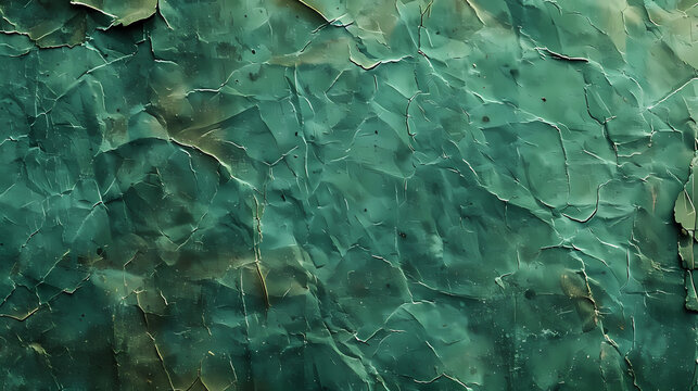 Close-up of weathered and peeling green paint on an old wall, highlighting textures and cracks.