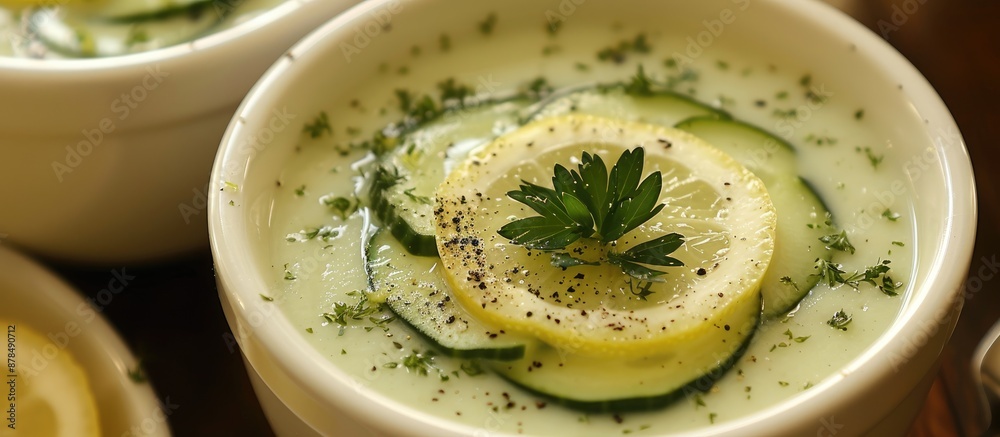 Aufkleber Chilled cucumber soup garnished with lemon, featuring a refreshing taste. image with copy space