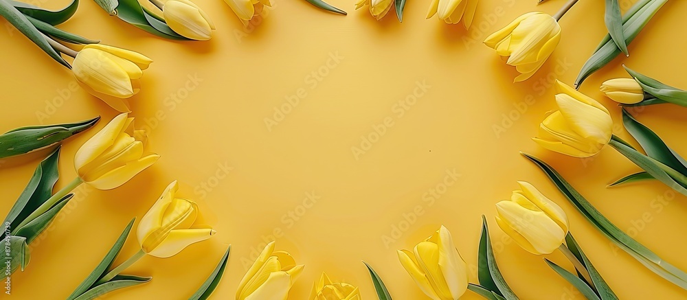 Poster Circular arrangement of yellow tulips with buds from an overhead view on a yellow background, creating a visually appealing copy space image.