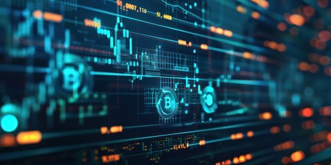 Digital currency icons and graphs on a financial technology interface.
