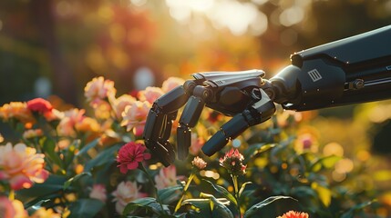 A robotic hand reaches out to touch a flower in a garden.