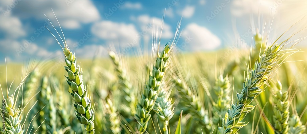 Poster close-up image of green wheat and barley spikelets on a farm field under a blue sky, with space for 