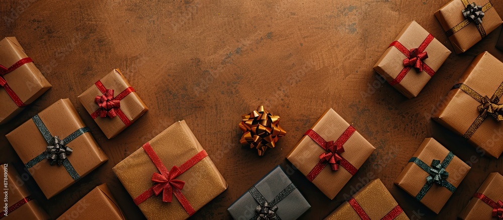 Poster elegant christmas gift box displays arranged on a background of rustic brown paper providing ample c