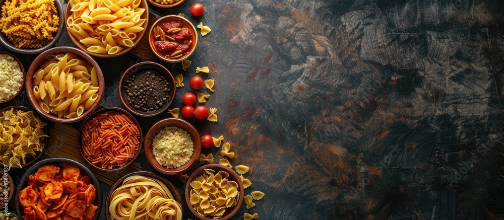 Poster Cooking concept with a variety of pasta displayed in a top-view copy space image.