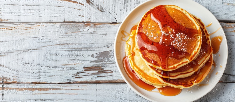 Poster close-up of delicious homemade caramel stuffed pancakes on a white wooden background with selective 