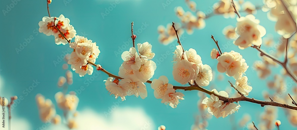 Poster Apricot tree branches with delicate flowers set against a blue sky make for an impressive spring blossom with a copy space image.