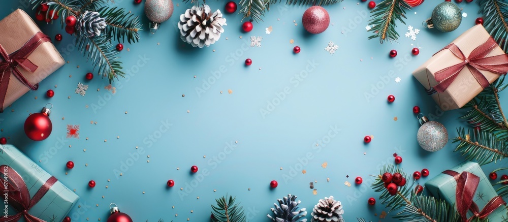 Wall mural Festive holiday elements like gift boxes, ornaments, and fir tree branches arranged on a blue backdrop, creating a Christmas and New Year theme with copy space image.