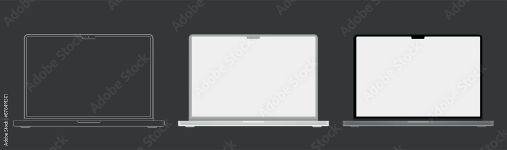 Poster laptop mockup in clay, outline, and realistic style. laptop mock up isolated on background. vector i