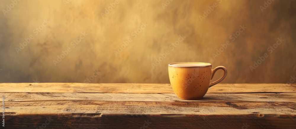 Poster coffee cup on a wooden table with ample copy space image.