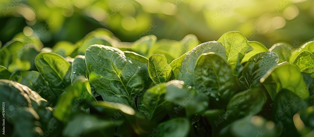 Poster Close up view of fresh green spinach shown in natural light with a background providing ample copy space image.