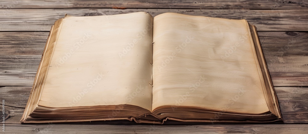 Poster Blank square book lying open on a light wood table with copy space image.