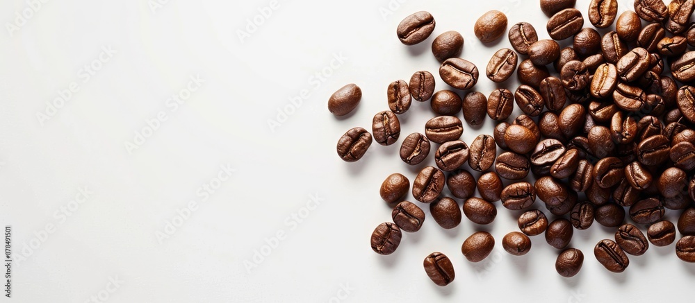 Poster coffee beans are shown on a white backdrop in a copy space image.