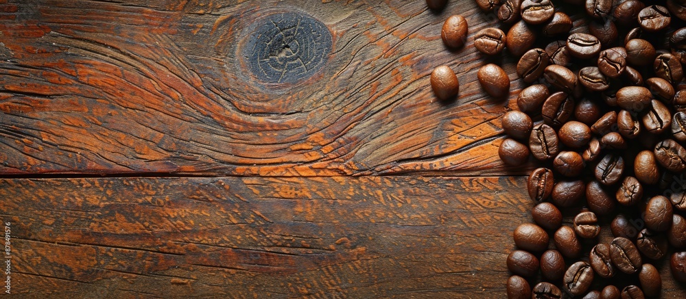Aufkleber Coffee beans displayed on a rustic wooden surface, with open area for additional content known as a copy space image.