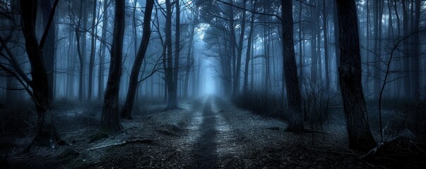 Spooky path winds through a dark, foggy forest under moonlight, evoking solitude and mystery in a cold winter night. Explore this eerie european destination