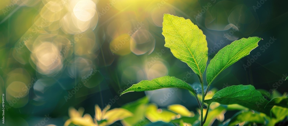 Poster blurry background showcases a bright green leaf for a natural landscape with ample copy space image.
