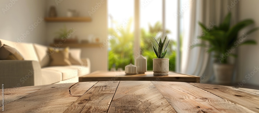 Poster blurry living room background with a table top and copy space image.