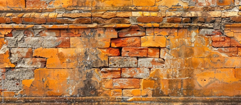 Aufkleber an ancient temple's weathered orange brick wall provides a backdrop for design with copy space image