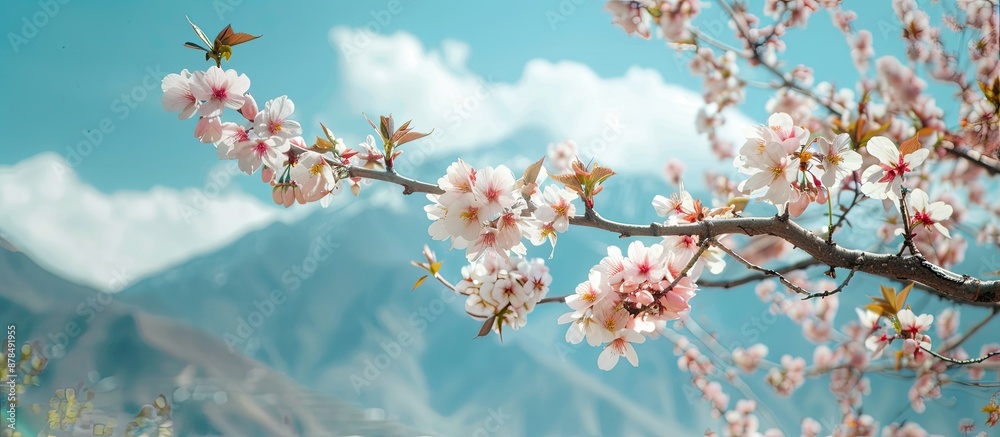 Poster almond tree in bloom with mountain in the background, perfect for copy space image.