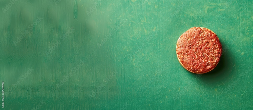 Poster burger patty on a green backdrop with copy space image.