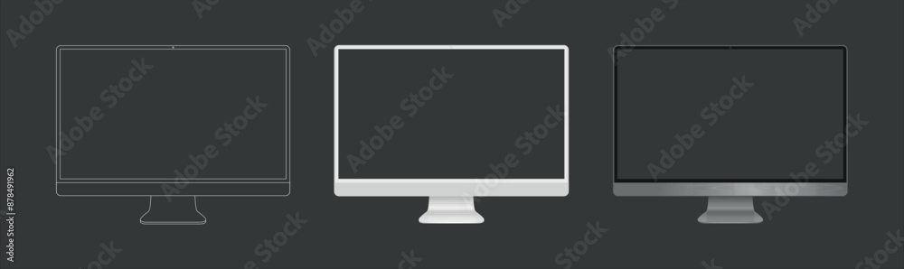 Poster pc computer monitor mockup in clay, outline, and realistic style. Computer monitor mock up Isolated on Background. Vector illustration