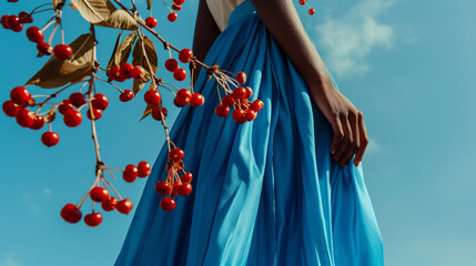 Delicate elegant blue dress against the background of the sky and a beautiful branch with bright red berries. Summer fashion